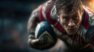 Rugby player in action during a competitive match focused on winning while facing tough opponents in a gritty environment photo