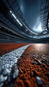 View of a track inside a stadium during an athletic event with dramatic lighting and a focus on the surface photo
