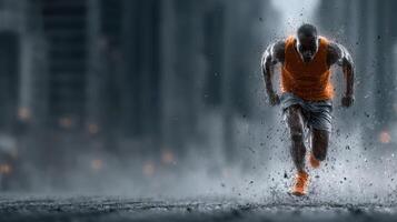 Runner pushes through rain-soaked city streets at dawn in dynamic, high-energy workout photo