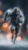 Athlete sprinting on urban street during evening training session with city lights in the background photo