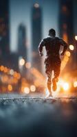 Runner sprinting through rain-soaked city streets at dusk, illuminated by city lights photo