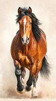 Strong brown horse gallops across sandy terrain with flowing mane under soft light in a captivating display of energy photo