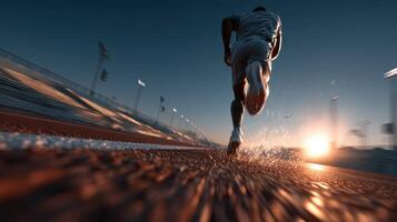 Runner sprints on track during sunset at outdoor stadium in evening light photo