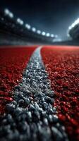 Close-up view of a running track with vibrant red surface illuminated by stadium lights at night photo