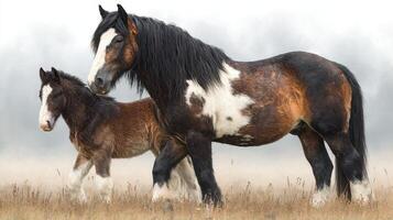 Majestic horses walking together on a misty morning in a tranquil countryside landscape photo
