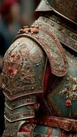 Intricate details of ornate armor displayed at a historical festival in a bustling city photo