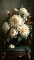 Elegant floral arrangement showcasing peonies and dahlias in a vintage vase on a wooden chair photo