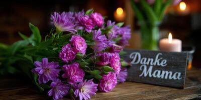 Beautiful bouquet of pink flowers with a heartfelt message for Mother displayed on a rustic wooden table photo