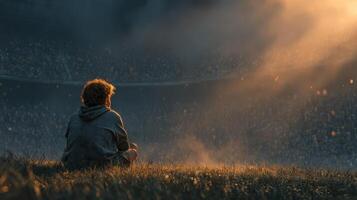 Individual sits on grass at dusk, observing a vibrant crowd during a lively event at an outdoor venue photo