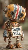 Vintage robot holding a thankful sign in a rustic workshop setting during daytime photo