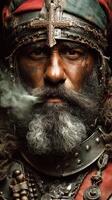 Warrior portrait showcasing detailed armor and fierce expression in a dramatic setting photo