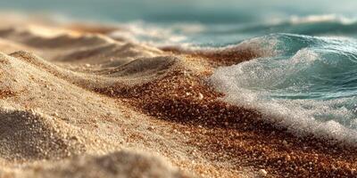 Gentle waves lap against soft sandy beach at sunset, capturing the tranquil beauty of nature's coastline photo
