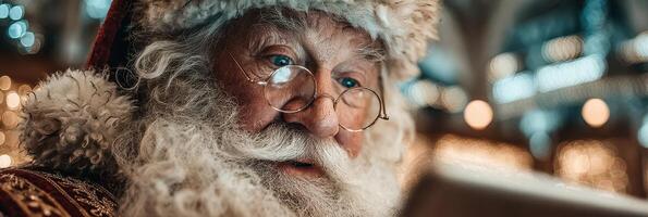 Santa Claus reads letters from children in a festive workshop during the holiday season photo