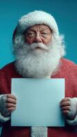 Santa Claus holds a blank sign, ready for holiday wishes during the festive season photo
