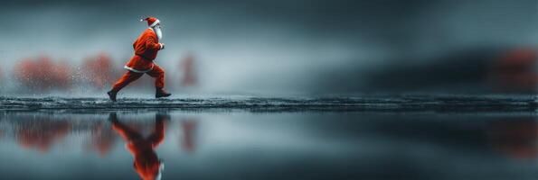 Santa runs along the misty shore reflecting on the water during a festive winter evening photo