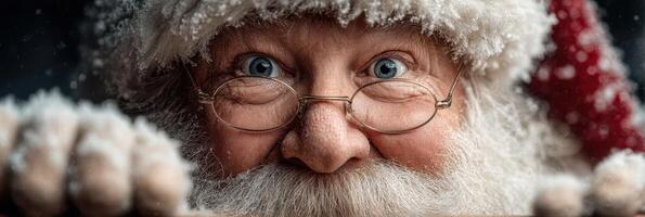 Santa Claus joyfully prepares for Christmas while surrounded by snowflakes and holiday spirit photo