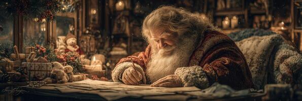 Santa Claus writing letters in his cozy workshop during Christmas season with decorations and gifts around photo