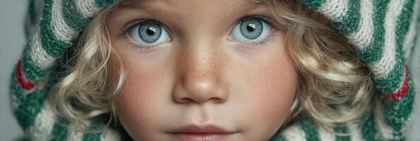 Child with striking blue eyes wearing a striped winter hat, showcasing innocence and curiosity in close-up photo