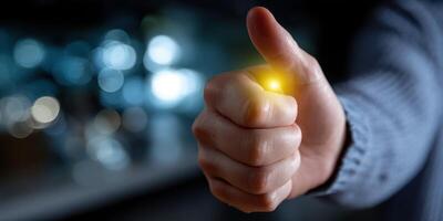 Hand creating a glowing orb with a thumb gesture in a dimly lit setting during evening hours photo