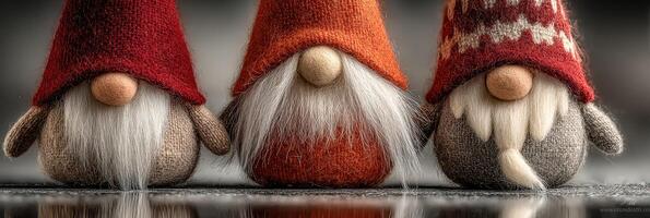 Unique gnome decorations with vibrant hats and distinct features arranged on a surface in a cozy indoor setting photo