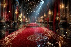 Elegant hallway adorned with festive decorations and shimmering lights in a grand setting during the holiday season photo