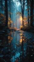 Misty forest at dawn with golden sunlight reflecting on a tranquil stream and colorful autumn leaves photo
