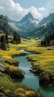 Majestic mountain landscape with a flowing stream and vibrant yellow wildflowers in the valley photo