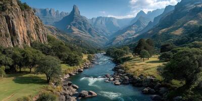 Scenic view of a river flowing through a lush valley surrounded by majestic mountains in bright daylight photo