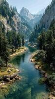 Serene river flowing through a lush mountain valley with towering trees under a clear blue sky photo