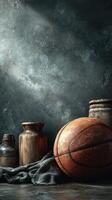 Rustic basketball and wooden vases arranged against a textured dark wall in an artistic display indoors photo
