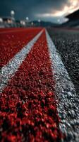 Close-up view of a running track with striking red surface and dramatic sky indicating imminent change in weather conditions photo