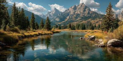 Majestic mountain landscape reflecting in serene river surrounded by lush greenery on a sunny day photo