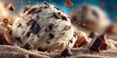 Indulgent chocolate chip ice cream scoop presented on a cocoa-infused surface photo