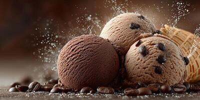 Chocolate ice cream scoops with coffee beans on a dark wooden surface set up for dessert enjoyment photo