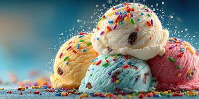 Colorful ice cream scoops topped with sprinkles on a vibrant blue background in a fun dessert setting photo