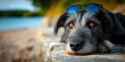 Dog relaxing by the water with sunglasses on a sunny day near the shore photo