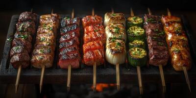 Grilled skewers with assorted meats and vegetables arranged on a barbecue platter in a warm setting photo