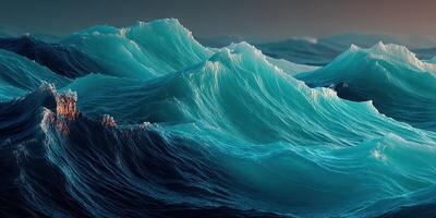 Waves crashing in a vibrant ocean landscape at sunset photo