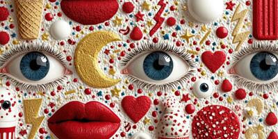 Vibrant collage of artistic eyes surrounded by colorful patterns and shapes in a creative display of imagination photo