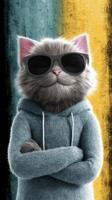 Cool cat in hoodie and sunglasses poses confidently against a colorful backdrop photo