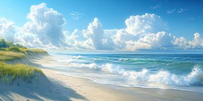 Waves gently crashing on a sandy shore under a bright blue sky with fluffy clouds during the late afternoon at a tranquil beach photo