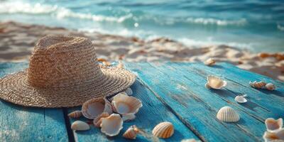 Bright straw hat rests on a blue wooden table with seashells along the beach during a sunny day as waves gently lap the shore photo