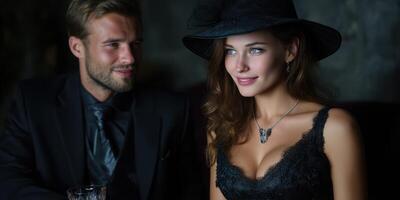 Elegant couple sharing a romantic moment in a dimly lit venue during evening hours photo