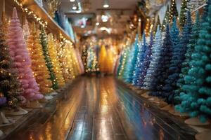 Colorful Christmas trees lined up in a festive store decorated with warm lights during the holiday season photo