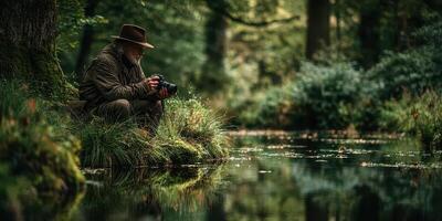 Photographer capturing nature by a tranquil stream in a lush forest during the golden hour photo