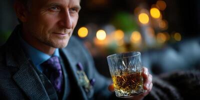 Man enjoying a glass of whiskey while seated in an elegantly decorated bar during evening hours photo