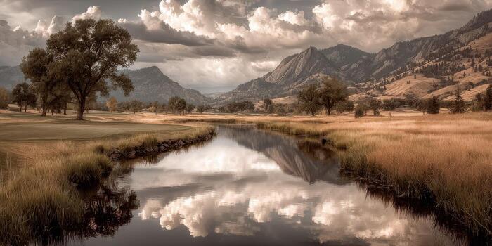 Scenic view of a tranquil river reflecting clouds, mountains, and trees in a picturesque landscape during golden hour photo