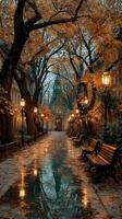 Autumn evening stroll in a quiet alley with glowing street lamps and fallen leaves photo