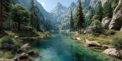 Serene mountain landscape with clear river flowing through lush greenery under bright blue sky photo