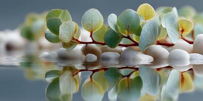 Serenity in nature with stacked pebbles and delicate leaves reflecting in calm water at dawn photo